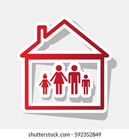 Family sign illustration. Vector. New year reddish icon with outside stroke and gray shadow on light gray background.