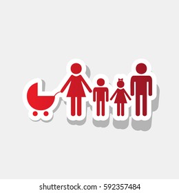 Family sign illustration. Vector. New year reddish icon with outside stroke and gray shadow on light gray background.