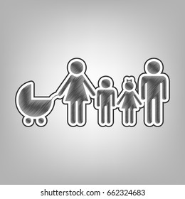 Family sign illustration. Vector. Pencil sketch imitation. Dark gray scribble icon with dark gray outer contour at gray background.