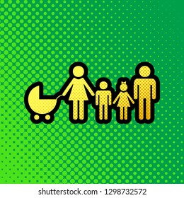 Family sign illustration. Vector. Pop art orange to yellow dots-gradient icon with black contour at greenish background.