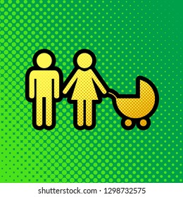 Family sign illustration. Vector. Pop art orange to yellow dots-gradient icon with black contour at greenish background.