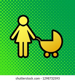 Family sign illustration. Vector. Pop art orange to yellow dots-gradient icon with black contour at greenish background.