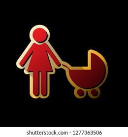 Family sign illustration. Vector. Red icon with small black and limitless shadows at golden sticker on black background.