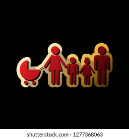 Family sign illustration. Vector. Red icon with small black and limitless shadows at golden sticker on black background.