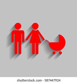 Family sign illustration. Vector. Red icon with soft shadow on gray background.