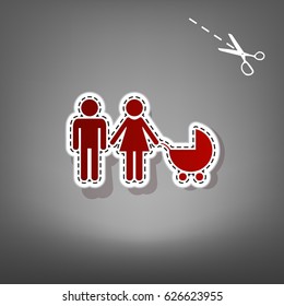 Family sign illustration. Vector. Red icon with for applique from paper with shadow on gray background with scissors.