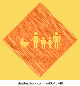 Family sign illustration. Vector. Red scribble icon obtained as a result of subtraction rhomb and path. Royal yellow background.