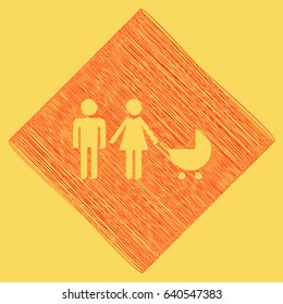 Family sign illustration. Vector. Red scribble icon obtained as a result of subtraction rhomb and path. Royal yellow background.