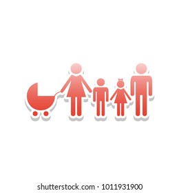 Family sign illustration. Vector. Reddish icon with white and gray shadow on white background. Isolated.