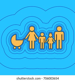 Family sign illustration. Vector. Sand color icon with black contour and equidistant blue contours like field at sky blue background. Like waves on map - island in ocean or sea.