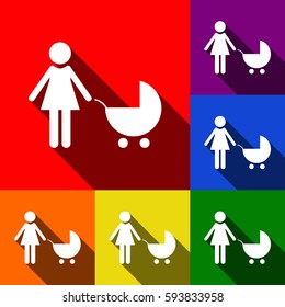 Family sign illustration. Vector. Set of icons with flat shadows at red, orange, yellow, green, blue and violet background.