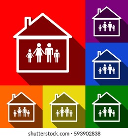 Family sign illustration. Vector. Set of icons with flat shadows at red, orange, yellow, green, blue and violet background.