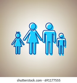 Family sign illustration. Vector. Sky blue icon with defected blue contour on beige background.