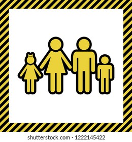 Family sign illustration. Vector. Warm yellow icon with black contour in frame named as under construction at white background. Isolated.