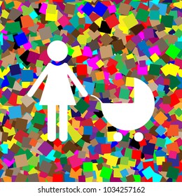 Family sign illustration. Vector. White icon on colorful background with seamless pattern from squares.