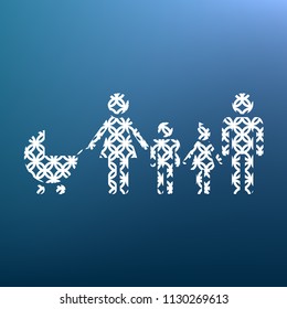 Family sign illustration. Vector. White textured icon at lapis lazuli gradient background.