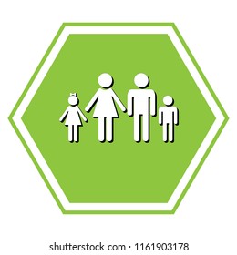 Family sign illustration. Vector. White icon with black shadow at yellow green honeycomb on white background.