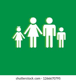 Family sign illustration. Vector. White flat icon with yellow striped shadow at green background.