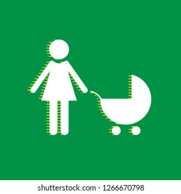Family sign illustration. Vector. White flat icon with yellow striped shadow at green background.