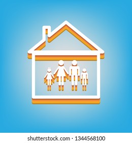Family sign illustration. Vector. White icon with 3d warm-colored gradient body at sky blue background.