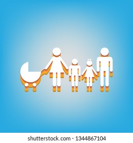 Family sign illustration. Vector. White icon with 3d warm-colored gradient body at sky blue background.