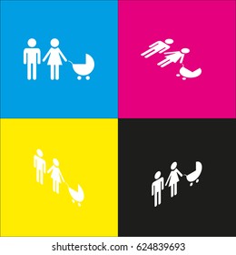 Family sign illustration. Vector. White icon with isometric projections on cyan, magenta, yellow and black backgrounds.