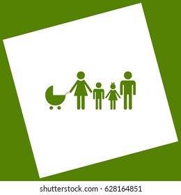 Family sign illustration. Vector. White icon obtained as a result of subtraction rotated square and path. Avocado background.
