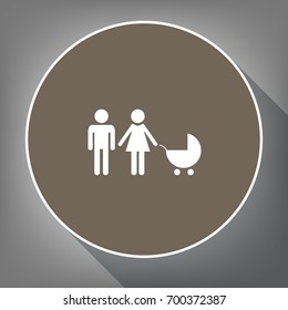 Family sign illustration. Vector. White icon on brown circle with white contour and long shadow at gray background. Like top view on postament.