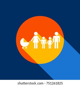 Family sign illustration. Vector. White icon on tangelo circle with infinite shadow of light at cool black background. Selective yellow and bright navy blue are produced.
