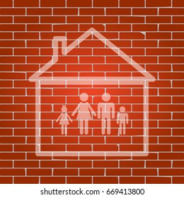 Family sign illustration. Vector. Whitish icon on brick wall as background.