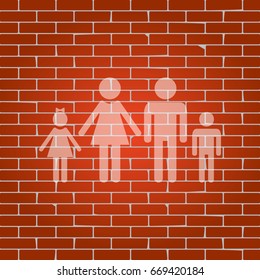 Family sign illustration. Vector. Whitish icon on brick wall as background.