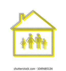 Family sign illustration. Vector. Yellow icon with square pattern duplicate at white background. Isolated.