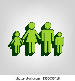 Family sign illustration. Vector. Yellow green solid icon with dark green external body at light colored background.