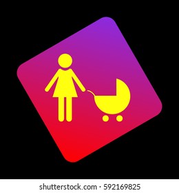 Family sign illustration. Vector. Yellow icon at violet-red gradient square with rounded corners rotated for dynamics on black background.