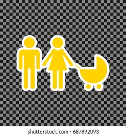 Family sign illustration. Vector. Yellow icon with white contour on dark transparent background.