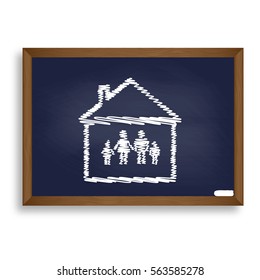 Family sign illustration. White chalk icon on blue school board with shadow as background. Isolated.