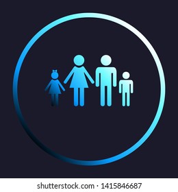 Family sign illustration. White, cyan and blue gradient icon as round button in white shell at dark blue background. Illustration.