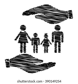 Family sign. Save or protect symbol by hands with scribble effect.