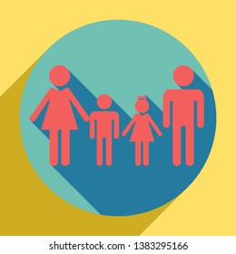 Family sign. Sunset orange icon with llapis lazuli shadow inside medium aquamarine circle with different goldenrod shadow at royal yellow background.