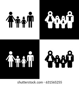 Family sign. Vector. Black and white icons and line icon on chess board.