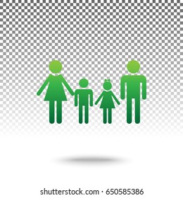 Family sign. Vector. Green gradient icon with shadow at bottom on transparent and white background.