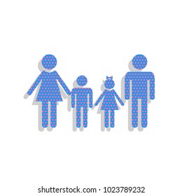 Family sign. Vector. Neon blue icon with cyclamen polka dots pattern with light gray shadow on white background. Isolated.