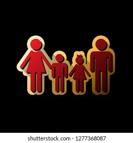 Family sign. Vector. Red icon with small black and limitless shadows at golden sticker on black background.