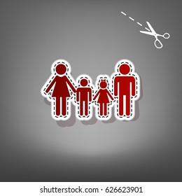 Family sign. Vector. Red icon with for applique from paper with shadow on gray background with scissors.