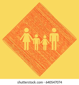 Family sign. Vector. Red scribble icon obtained as a result of subtraction rhomb and path. Royal yellow background.