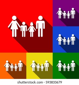 Family sign. Vector. Set of icons with flat shadows at red, orange, yellow, green, blue and violet background.