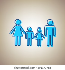 Family sign. Vector. Sky blue icon with defected blue contour on beige background.