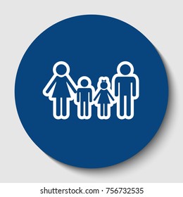 Family sign. Vector. White contour icon in dark cerulean circle at white background. Isolated.