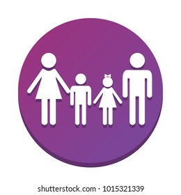Family sign. Vector. White icon with flat shadow on purpureus circle at white background. Isolated.