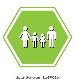 Family sign. Vector. White icon with black shadow at yellow green honeycomb on white background.